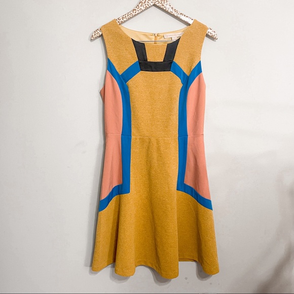 Anthropologie Champagne & Strawberry Mustard Color-block A-line Dress | 8
